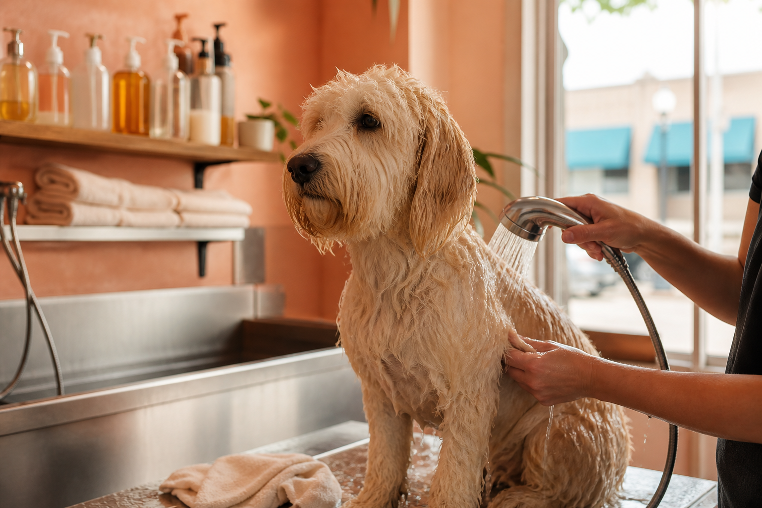A doodle being gently rinsed on a grooming table in Conroe